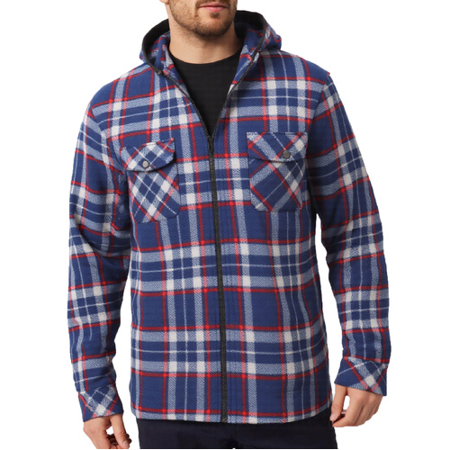 Men's Hooded Flannel Jacket Flannelette Plaid Fleece Shirt Zip Up Winter Coat, Blue, S