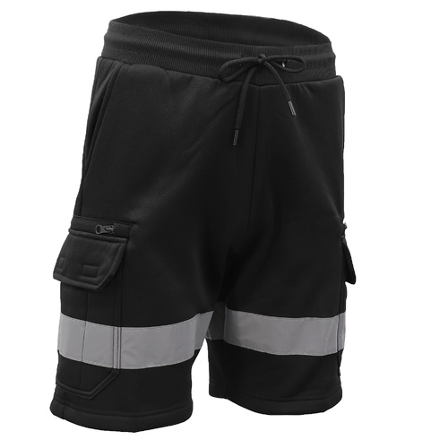 Hi Vis Fleece Work Cargo Shorts w Reflective Tape Workwear Tradie Utility Pants, Black, S