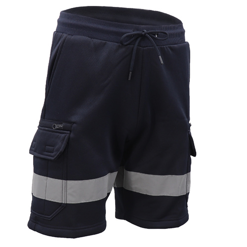 Hi Vis Fleece Work Cargo Shorts w Reflective Tape Workwear Tradie Utility Pants, Navy, S