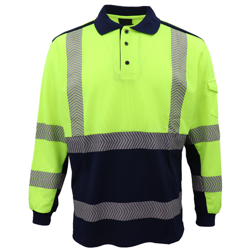 HI VIS Long Sleeve Polo Shirt Reflective Tape Safety Tradie Work Wear Tops Tee, Fluro Yellow / Navy, XL
