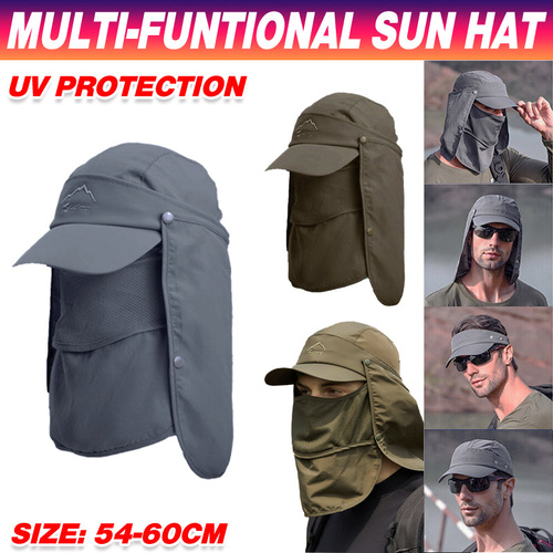 Unisex Face Neck Flap Hat Wide Brim Cap Hiking Fishing Sun Protection Outdoor - Army Green