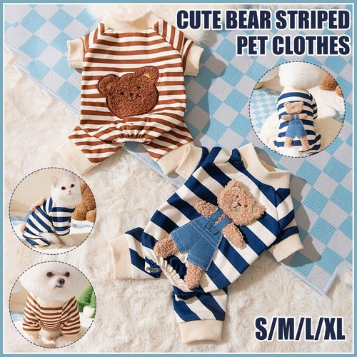 Cute Bear Striped Dog Home Clothes Cat Pet Outfit Cozy Animal Pajamas for Pets - Brown - XL