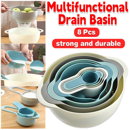 8pcs Plastic Basin Set Drain Basket Washing Mixing Bowl Set Kitchen Baking Tools