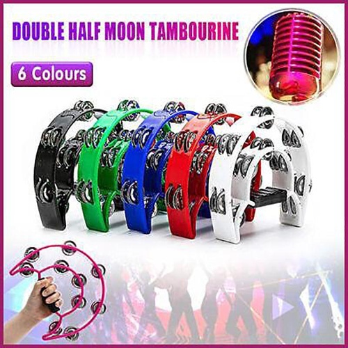 Double Half Moon Tambourine Handheld Musical Percussion Instrument Bell Drum - White