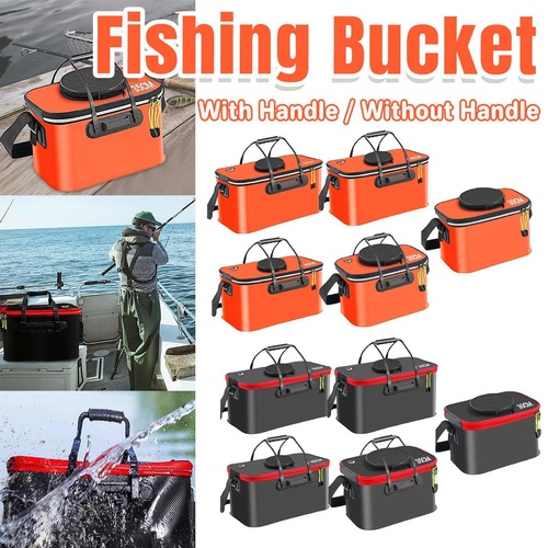 Portable Folding EVA Fishing Bucket Multi Use Live Fish Container with Strap - Black-45cm