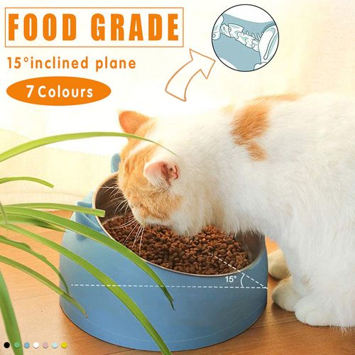 Pet Dog Cat Food Bowl Raised No Slip Stainless Steel Tilted Water Food Feeder - Blue