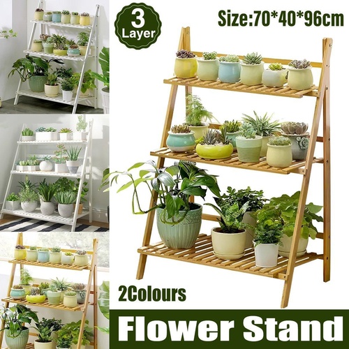Balcony Plant Stand 3-Layer Wooden Flower Pot Corner Stand White Log Foldable - White