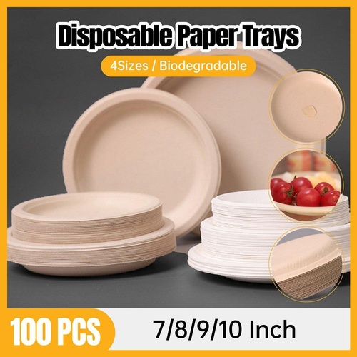 100x Biodegradable Sugarcane Paper Trays - Eco-Friendly & Durable for  Food - 9inches-100pcs