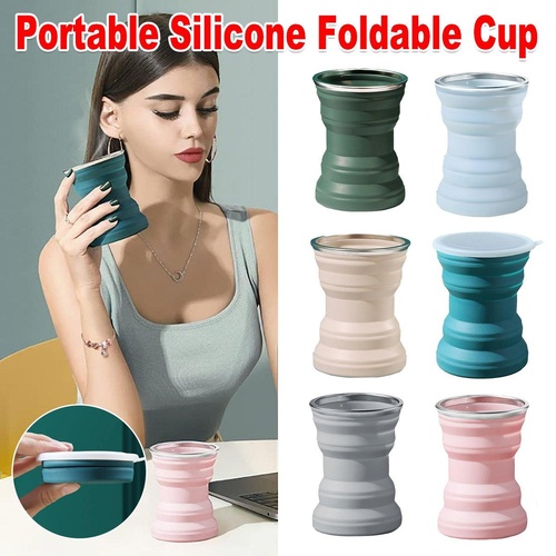 Silicone Folding Travel Mug Portable Retractable Collapsible Mug Outdoor Camping - Grey Lake Blue