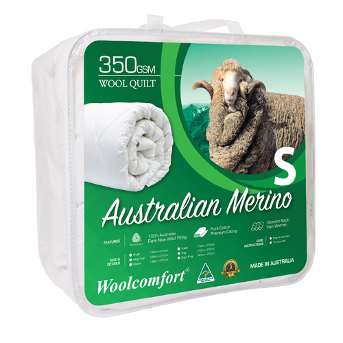 Woolcomfort Aus Made Merino Wool Quilt 350GSM 140x210cm Single Size