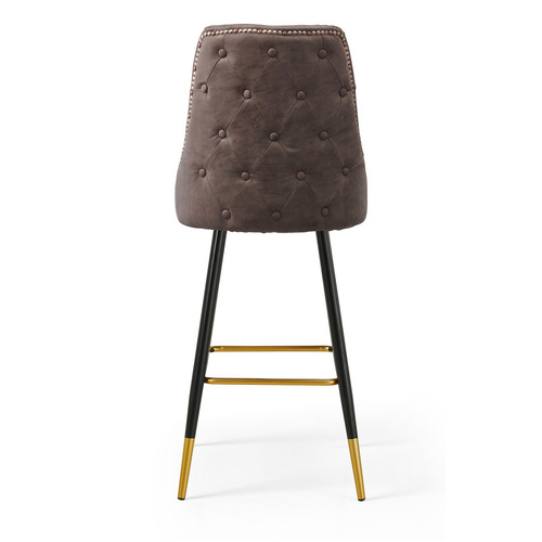 Modern Bar Chair Leather Stool Counter Brown Mid-Century Wood x 2