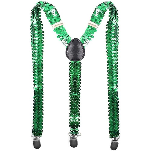 SEQUIN SUSPENDERS Unisex Adjustable Braces Clip On Elastic Y-Back  - Green