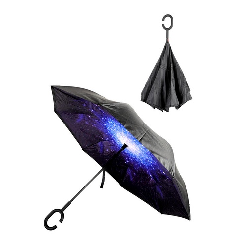 Reverse Umbrella Windproof Double Layer C-Handle Inverted Folding in Galaxy Print