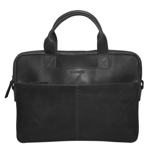 Futura Mens Slimline Leather Laptop Bag School Work Satchel Shoulder Strap - Black