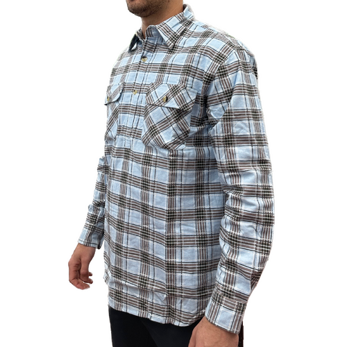 Mens Flannelette Long Sleeve Pullover Shirt 100% Cotton Flannel - Half Placket - Sky Blue/Grey Check - M