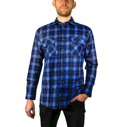 Mens 100% Cotton Flannelette Shirt Long Sleeve Check Authentic Flannel - Blue - 7XL