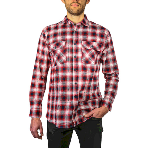 Mens 100% Cotton Flannelette Shirt Long Sleeve Check Authentic Flannel - Red/Navy - XXL