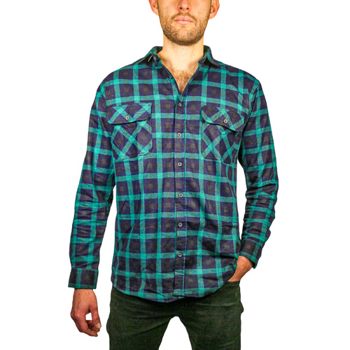 Mens 100% Cotton Flannelette Shirt Long Sleeve Check Authentic Flannel - Green/Navy - L