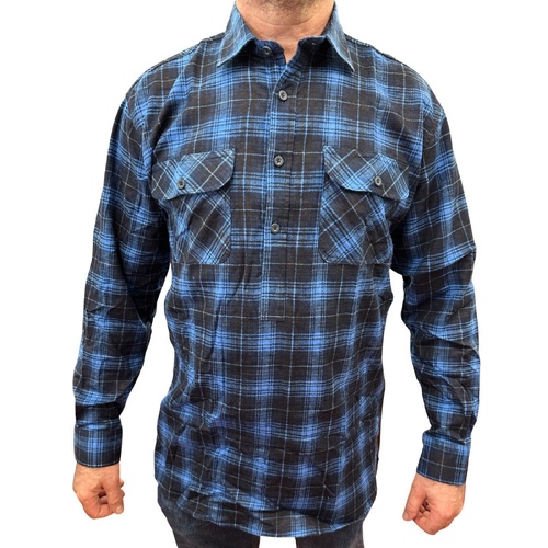 Mens Flannelette Long Sleeve Pullover Shirt 100% Cotton Flannel - Half Placket - Blue - L