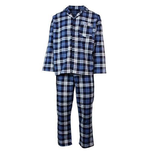 Mens Plus Size Flannelette Pyjamas 100% Cotton PJs Set Top Pants in Blue Check - 5XL