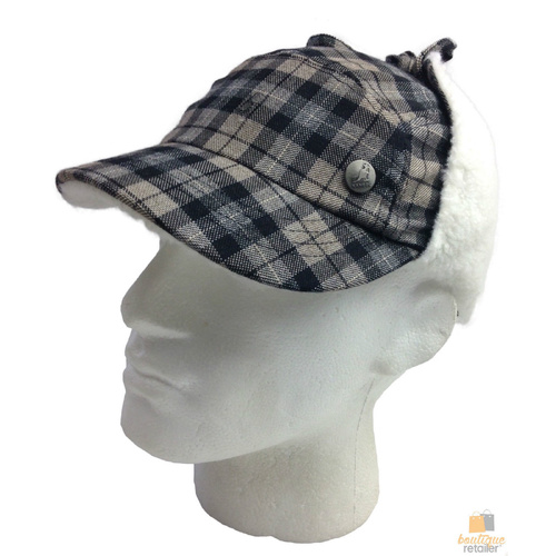 KANGOL Plaid Supre Ushanka Sherpa Chullo Lined Hat Warm Winter Ear Trapper Flying - Black/Grey - L/XL