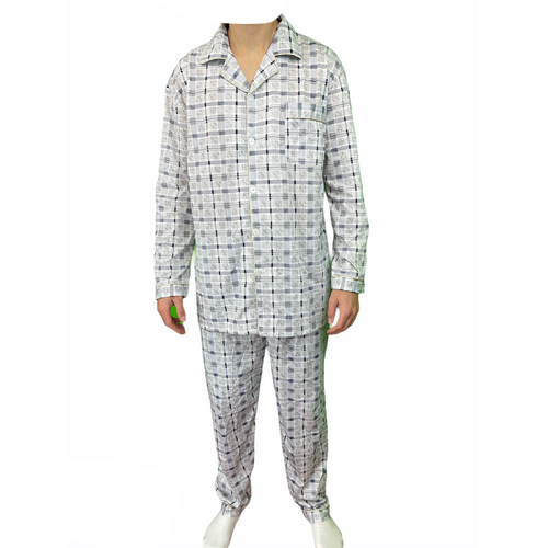 Mens Cotton Pajamas Pyjamas PJs Long Sleeve Shirt Tops + Pants Set Sleepwear - White/Blue - XXL