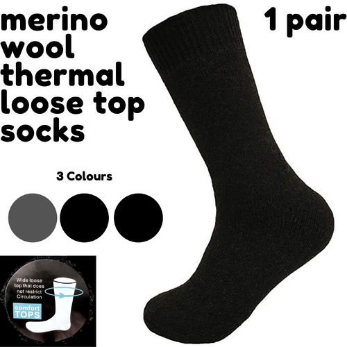 Merino Wool Mens Loose Top Thermal Socks Diabetic Comfort Circulation - 1 Pair - Grey - 7-11