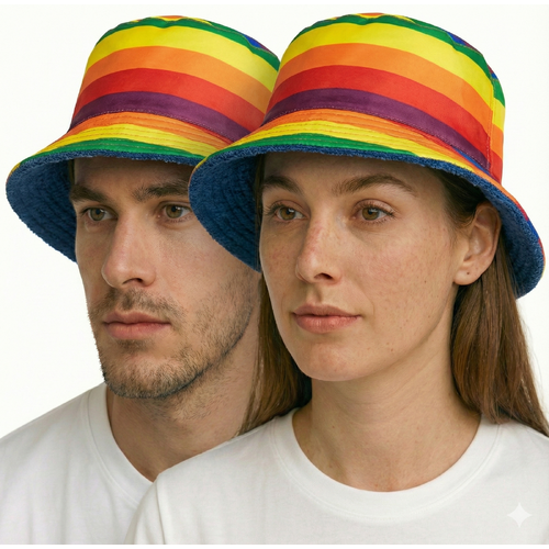Reversible Stingy Brim Terry Towelling Bucket Hat Cap 100% COTTON - Rainbow/Blue - S/M (54-55cm)