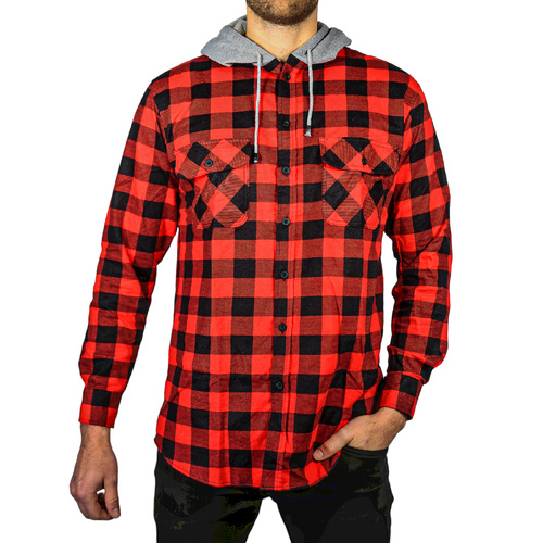 Mens Cotton Flannelette Shirt w Jersey Hood Long Sleeve Flannel - Red/Black - XL