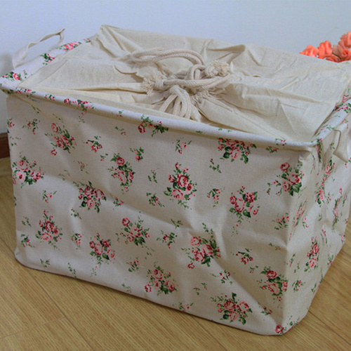 Canvas Zakka Vintage Drawstring Storage Laundry Shopping Basket  Fold Bin Flower