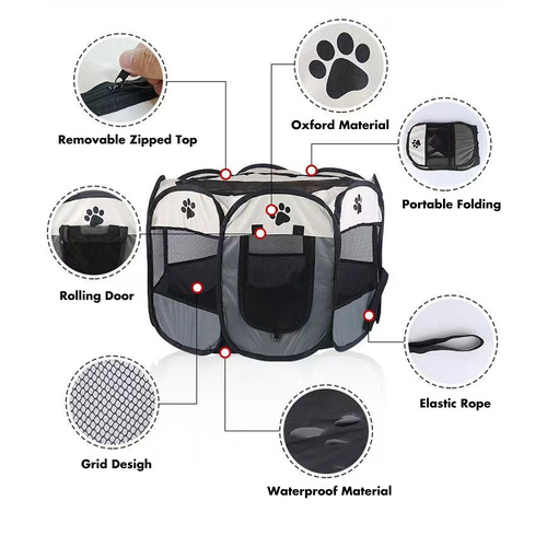 8 Panel Pet Dog Cat Crate Play Pen Bags Kennel Portable Tent Playpen Puppy Cage Medium Grey