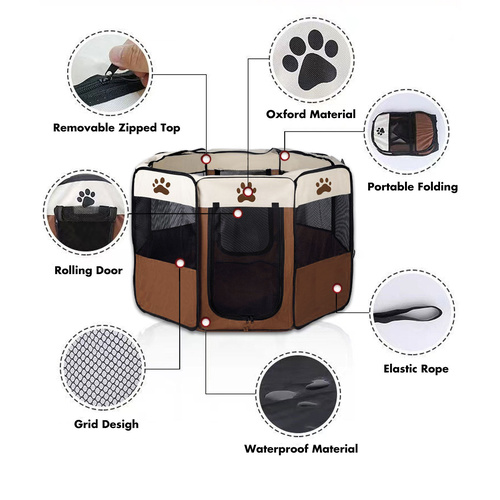8 Panel Pet Dog Cat Crate Play Pen Bags Kennel Portable Tent Playpen Puppy Cage Extra Large Brown