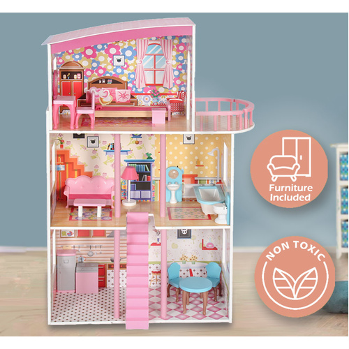 Large Wooden Girls Doll House 3 Level Kids Pretend Play Toys Furniture Dollhouse