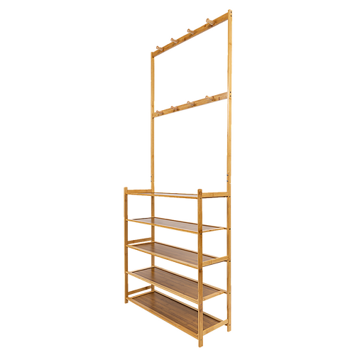 Large Wooden 5 Tiers Hat Coat Stand Clothes Shoe Rack Hanger Hooks Shelf Storage