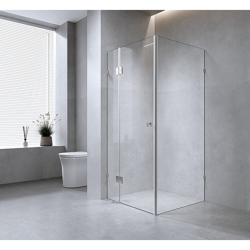 100x100cm Corner Frameless Shower Screen with Gunmetal Brackets and SS Hinges, Square Knob Handle