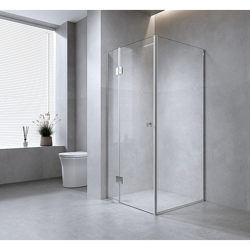 110x100cm Corner Frameless Shower Screen with Gunmetal Channel and Brass Hinges, Square Knob Handle