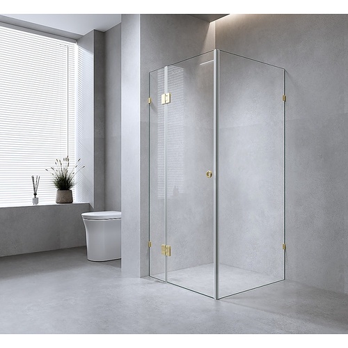 110x100cm Corner Frameless Shower Screen with Gunmetal Brackets and SS Hinges, Round Handle