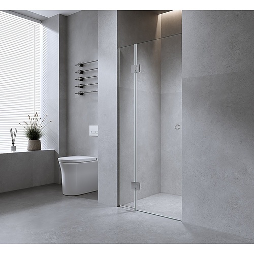 110cm Wall to Wall Frameless Shower Screen with Chrome Channel and Brass Hinges , Round Handle