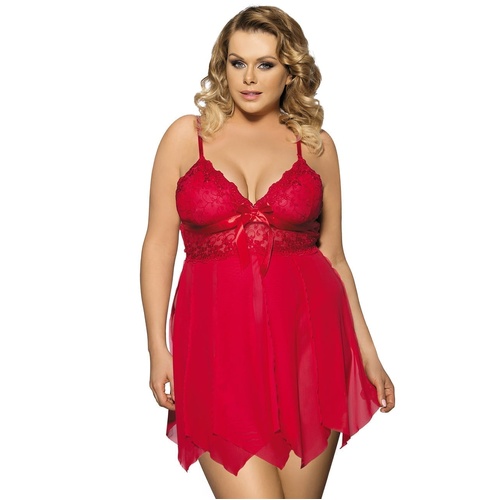 Red Sexy Draping Mesh and Lace Babydoll Set by My Secret Drawer  - XL-2XL