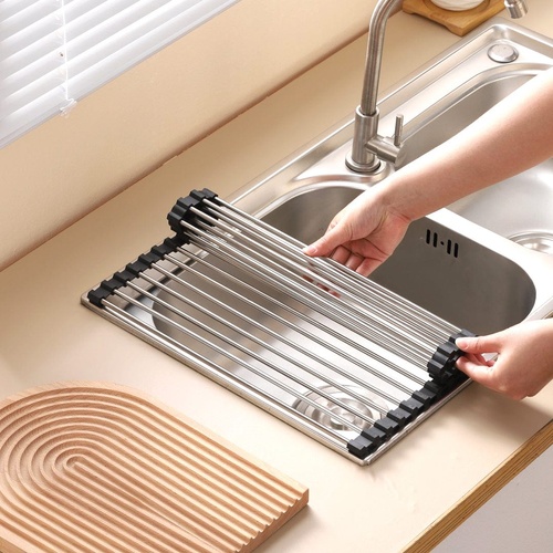 Silver Over Sink Draining Rack with Anti-Slip Grips