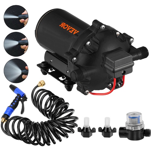 VEVOR RV Water Pump 5.3 GPM 5.5 Gallons Per Minute 12V Water Pump Automatic 70 PSI Diaphragm Pump with 25 Foot Coiled Hose Washdown Pumps for Boats Ca