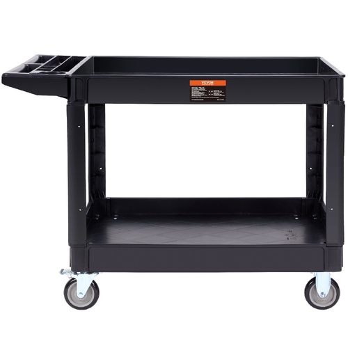 VEVOR Utility Service Cart, 2 Shelf 550LBS Heavy Duty Plastic Rolling Utility Cart with 360° Swivel Wheels (2 with Brakes), Large Lipped Shelf, Ergono