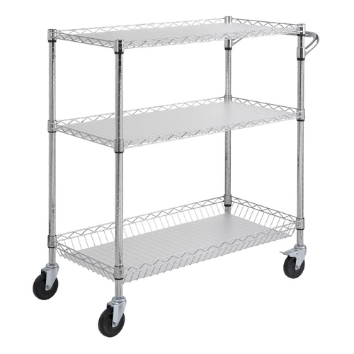 VEVOR Kitchen Utility Cart, 3 Tiers, Wire Rolling Cart, Steel Service Cart on Wheels, Metal Storage Trolley with 80mm Basket Curved Handle PP Liner 6 