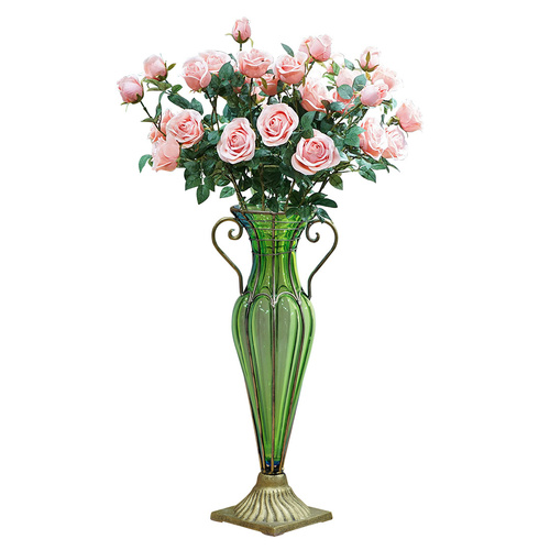  Green Colored Glass Flower Vase with 8 Bunch 5 Heads Artificial Fake Silk Rose Home Decor Set