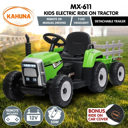 Kahuna MX-611 Kids Electric Ride On Tractor Trailer Car Green Grey