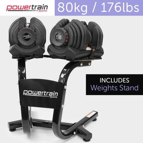 Powertrain 80kg Adjustable Dumbbell Set W Stand Home Gym Exercise Free Weights
