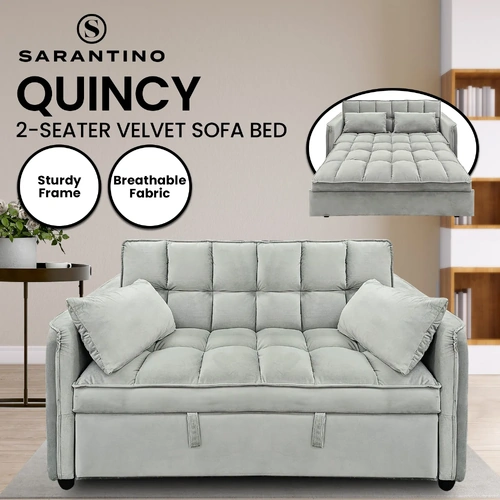 Sarantino Quincy 2-Seater Velvet Sofa Bed in Light Grey with Wooden Frame & Tufted Design